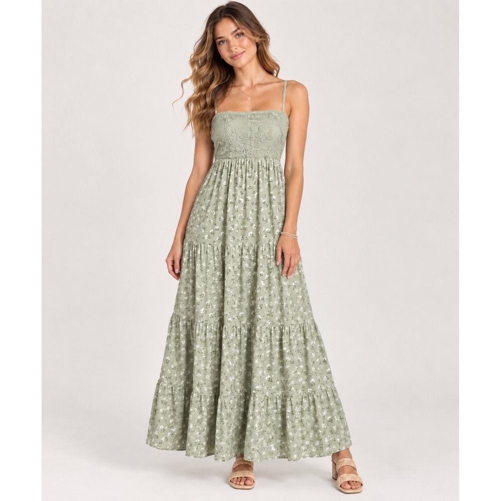 Derek Heart Sage Green Floral Crochet Lace Tiered Maxi Dress M Boho Festival